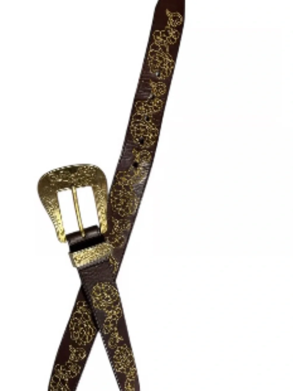 Guess Brown Leather Belt with Gold Floral Embroidery and Gold Buckle